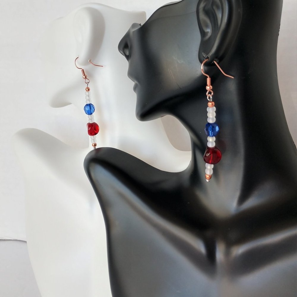 Handmade Red White and Blue Beaded Earrings on Copper Plated Fishhook Ear Wires
